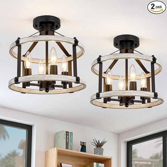 12.5" Farmhouse Semi Flush Mount Ceiling Light,4 Light Rustic Semi Flush Ceiling Light,Black+Oak Finish Industrial Semi Flush Light Fixture for Hallway Entryway Bedroom Balcony Laundry Room
