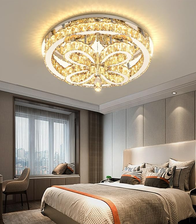 Modern Crystal Chandelier LED 2-Tier Flush Mount Ceiling Lighting Dimmable Pendant Light for Living Room Bedroom Dining Room Entryway Hallway