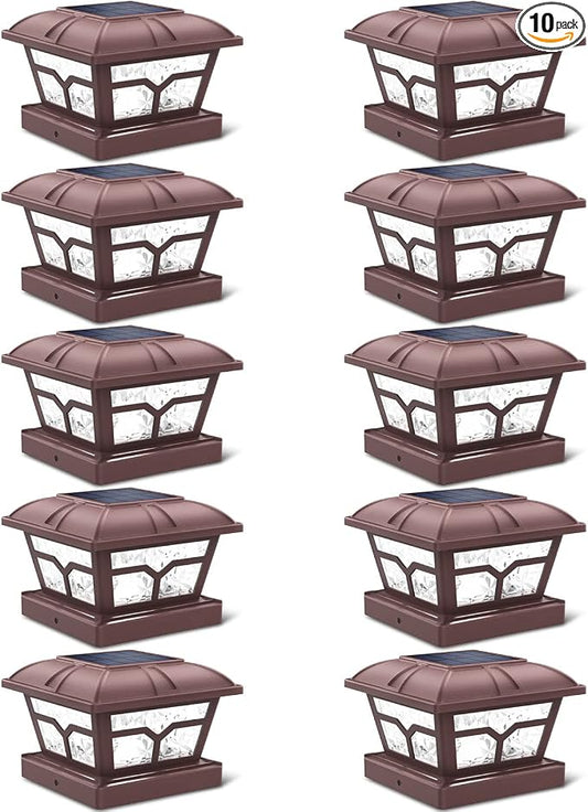 SIEDiNLAR Solar Post Cap Lights Outdoor 2 Color Modes 8 LEDs for 4x4 5x5 6x6 Wooden Vinyl Posts Fence Deck Patio Decoration Warm White & Cool White Lighting Brown (10 Pack)