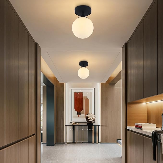 KCO Lighting Mid Century Modern Semi Flush Mount Ceiling Light Fixture White Globe Flush Mount Ceiling Light Farmhouse Black Ceiling Light Milk Glass Hallway Close to Ceiling Light