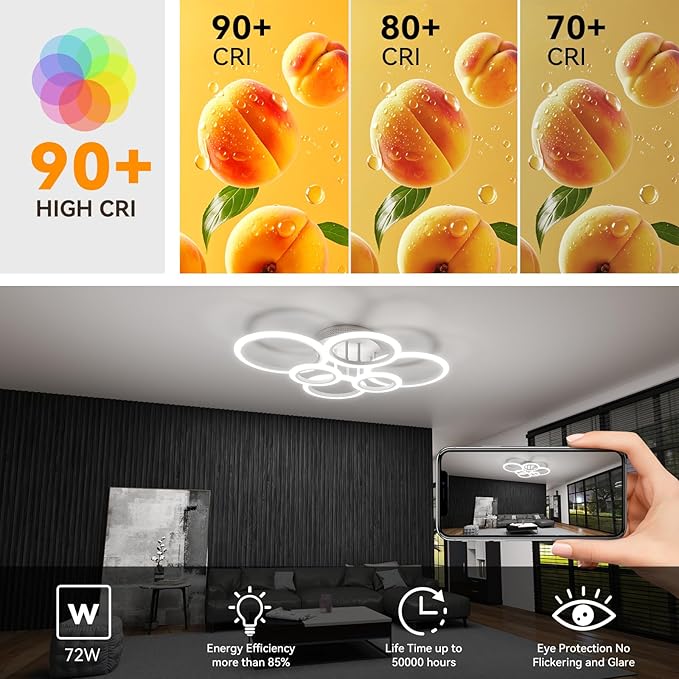 Modern LED Ceiling Light, White 6 Rings Flush Mount Ceiling Light Fixture, with Smart App & Control, 2800-7000K Lighting Fixture Ceiling Lamp for Kitchen, Bedroom, Living Room, Laundry Room