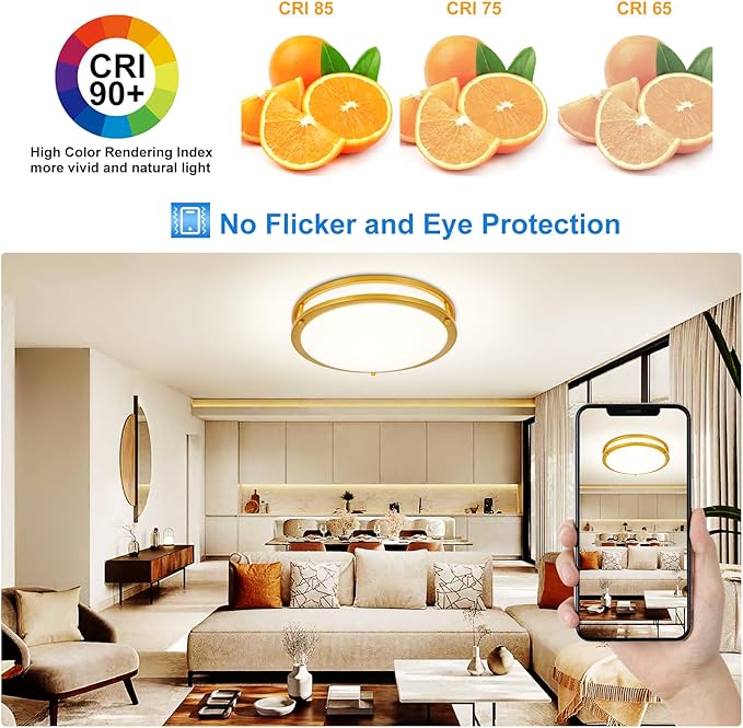 DLLT Flush Mount LED Ceiling Light: 13 Inch 2Pack 5CCT (3000K-6000K) & Dimmable Ceiling Light Fixtures for Bedroom Hallway - 24W Modern Gold Super Bright Kitchen Lighting Fixtures Ceiling