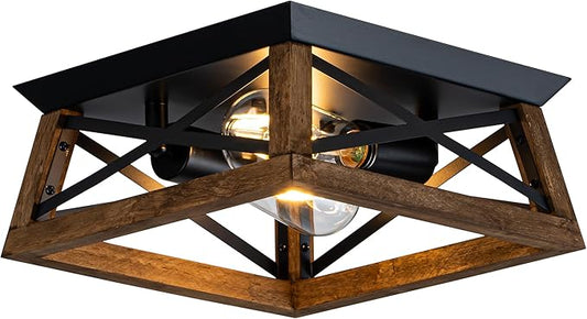 2-Light Farmhouse Light Fixture, Rustic Ceiling Light with Wood and Metal Design, Wood Ceiling Light for Kitchen, Hallway, Entryway, Cabinet, Living Room