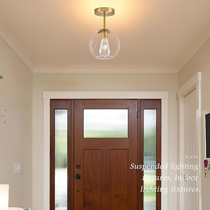 Gold Semi Flush Mount Ceiling Light Fixture with Clear Glass Light Fixture Mid Century Light Fixtures Gold Semi Flush Ceiling Light Fixtures for Dining Room Kitchen Island (Bulb Incl)