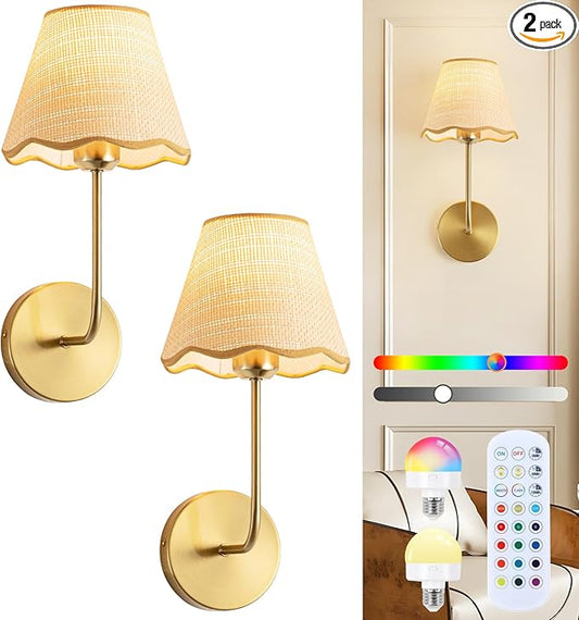 ADISUN Battery Operated Wall Sconce Set of 2, Gold Wall Lamps for Living Room, Rechargeable Bulbs, RGB. Rattan Shade Wireless Wall Lights for Bedroom Living Room Hallway Kitchen(Bulbs Included)