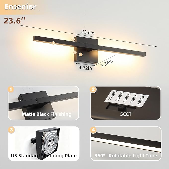 Brushed Black Vanity Light 24 Inch Modern Bathroom Light Fixtures 16W Wall Vanity Lamp Over Mirror, Dimmable 5CCT LED Wall Sconce for Bedroom Cabinets