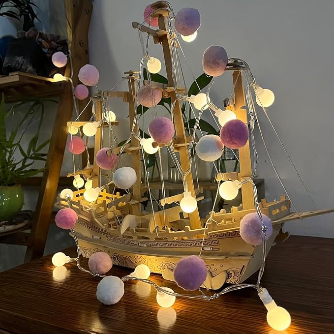 ChiRee Indoor String Lights 6.56 Feet Pom Poms Fairy 20 LED Battery Operated Ball Warm White Globe Colorful Decor for Home Bedroom Kids Playhouse Holiday Christmas