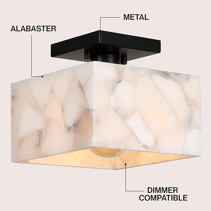 JONATHAN Y 8" White Marbling/Black Modern 1-Light Semi Flush Mount Ceiling Light for Bedroom, Cube White Alabaster Marble Shade, Mid-Century Minimalist Fixture, LED Bulb Included (JYL1203B)