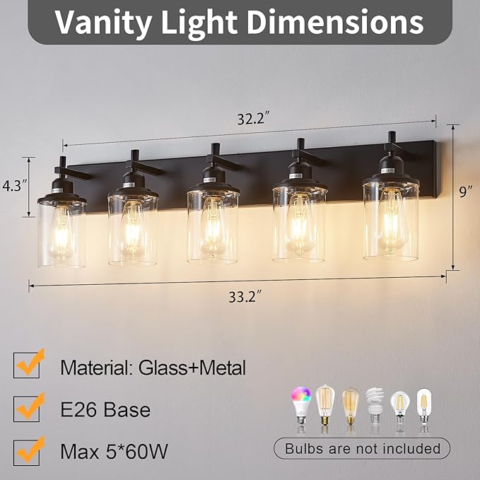 Lanhall 5-Light Black Bathroom Light Fixture Over Mirror Modern Farmhouse Bathroom Vanity Light Vintage Wall Lighting with Clear Glass Shade for Bathroom, Bedroom, Hallway, Cabinet