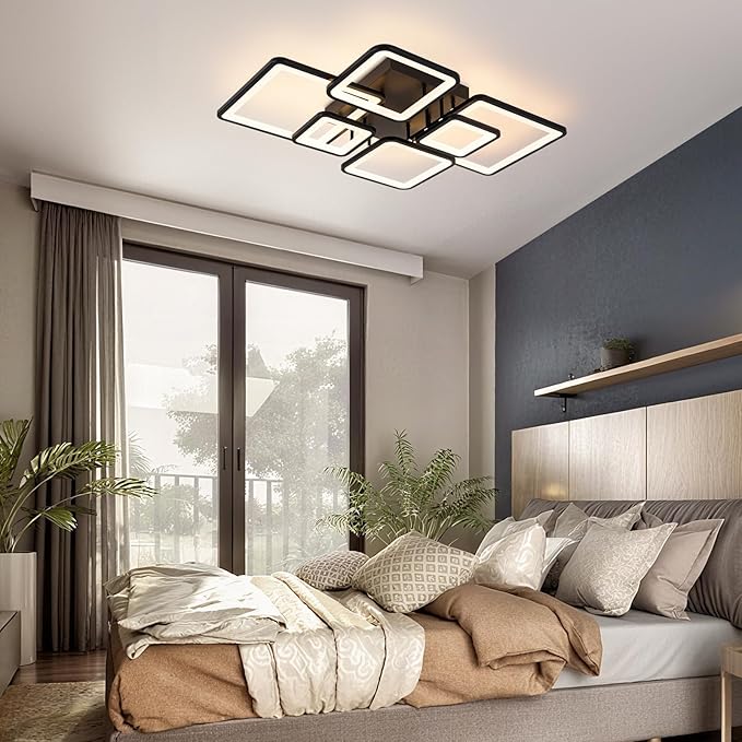 31.5''Dimmable Modern LED Ceiling Light Black 6Rings Square Ceiling Lamp 3000K-6500K Flush Mount Ceiling Lightwith Remote for Dining Room, Kitchen, Living Room