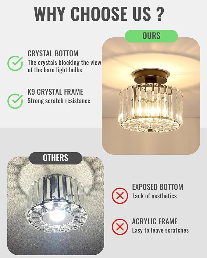 Crystal Ceiling Light, Modern Mini Flush Mount Crystal Chandelier, 8.89 Inch Black Light Fixture, Round Hallway Lighting Fixtures for Kitchen Entryway Laundry Room, 1-Light