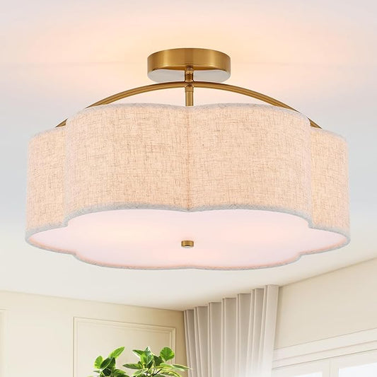 18" Semi Flush Mount Ceiling Light Modern 3-Lights Gold Drum Ceiling Light Fixture with Fabric Linen Shade, Vintage Ceiling Lighting for Living Room, Kitchen, Basement, Laundry Room, Bedroom