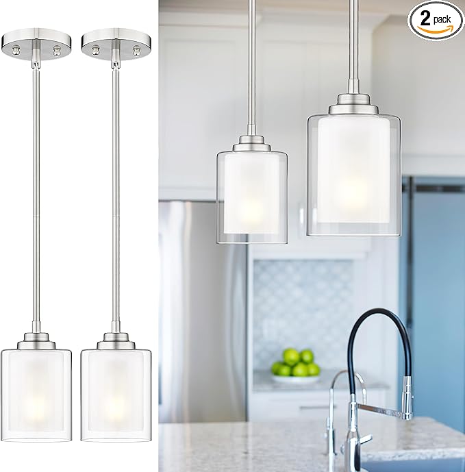 TENGXIN Modern Pendant Light,Brushed Nickel Modern Pendant Light for Kitchen Island,Hanging Ceiling Light Fixture,Farmhouse Pendant Lighting for Dining Room Bedroom Bar Office 2Pack,TXPLBN02-2PK