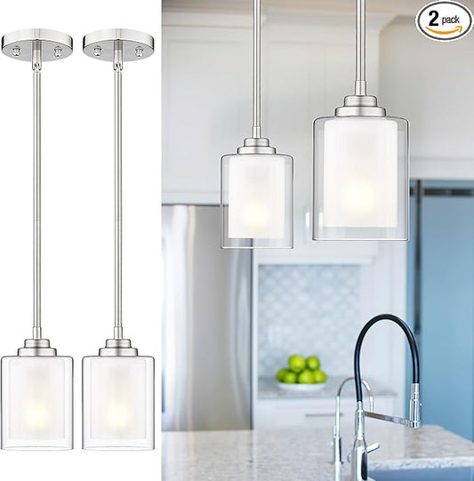 TENGXIN Modern Pendant Light,Brushed Nickel Modern Pendant Light for Kitchen Island,Hanging Ceiling Light Fixture,Farmhouse Pendant Lighting for Dining Room Bedroom Bar Office 2Pack,TXPLBN02-2PK