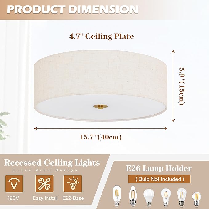 Bagood 16 Inch Flush Mount Ceiling Light Fixture 3-Light Drum Modern Gold Ceiling Light Fixture Dimmable Close to Ceiling Light Fixture with Fabric Shade for Living Room Hallway Entryway Bedroom