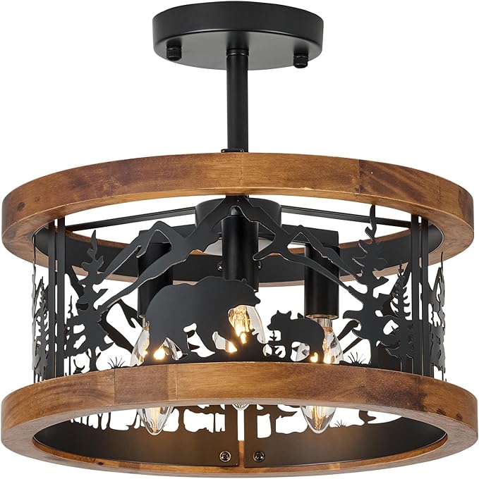 Farmhouse Rustic Ceiling Light Fixtures - Deer Bear Design, 3-Light Round E12 Base Black Metal Brown Wood Fixture Ideal for Kitchen, Living Room,Foyer, Bedroom, Hallway, and Rustic Style