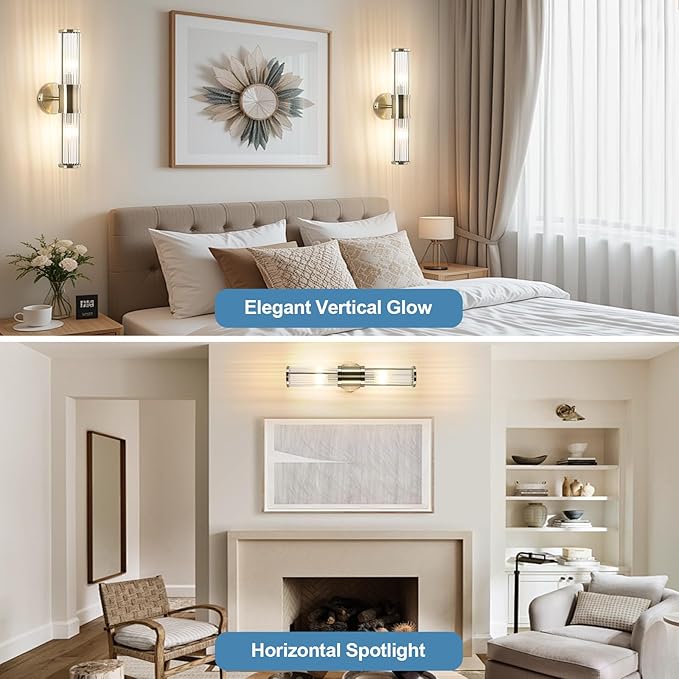 Brushed Bronze Wall Sconces Set of Two, Bathroom Sconces with Glass Rods Shade, Modern Vanity Sconces Lighting Over Mirror, Wall Light Fixtures for Living Room Bedroom (Bulbs Not Included)