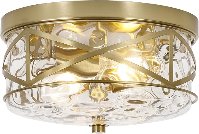 LamQee 9.8" Small Flush Mount Ceiling Light with Clear Hammered Glass, Brushed Gold Hallway Light Fixtures Ceiling Mount for Bathroom, 2-Lights Farmhouse Close to Ceiling Light Kitchen Foyer Bedroom