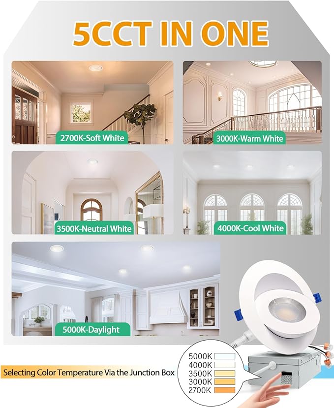 zouzai 4 inch 5CCT Gimbal Led Recessed Lights, 360°+90° Adjustable Directional Recessed Lighting, 2700K/3000K/3500K/4000K/5000K Dimmable Retrofit Eyeball Can Lights with Jbox, ETL(White, 1 Pack)