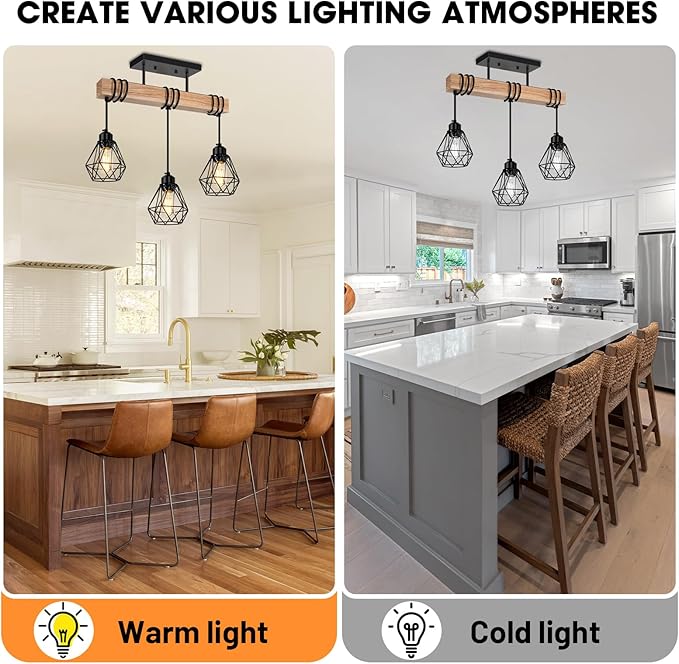 3-Lights Farmhouse Dining Room Pendant Light Fixtures Over Table, Rustic Solid Wood Kitchen Island Lighting Hanging with Metal Shades, Modern Black Ceiling Pendant Lamp for Living Room Hallway