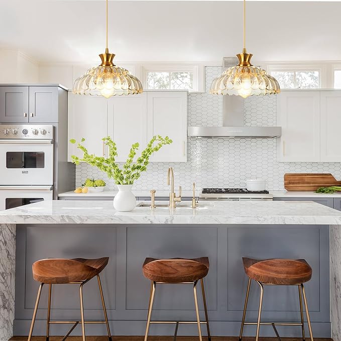 Glass Pendant Lights Kitchen Island, 11.8" Vintage Lighting Glass Light Fixtures Brushed Gold Modern Glass Chandelier Hanging Ceiling for Dining Living Room Restaurant Bedroom Foyer Entryway