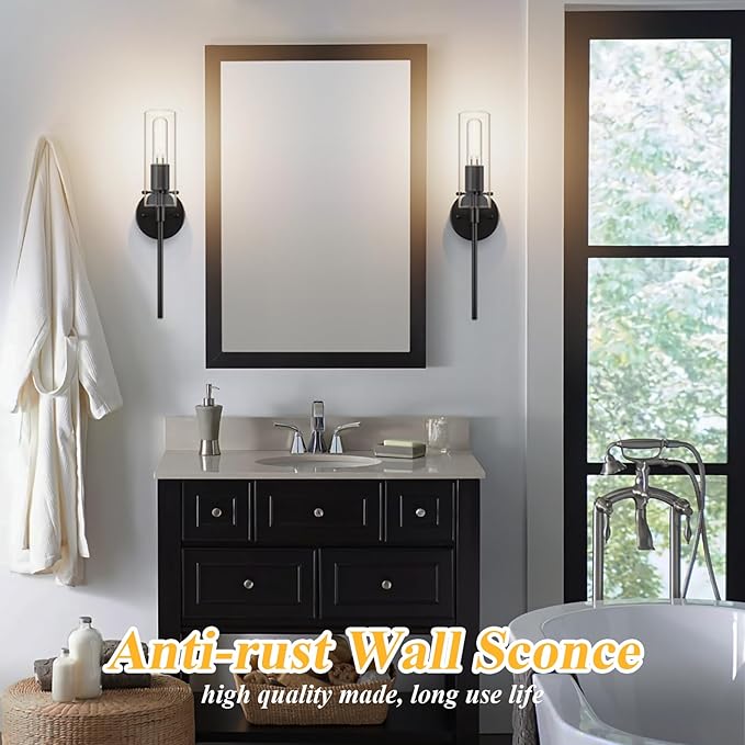 Wall Sconce Set of 2 Black Wall Light, Bathroom Vanity Light Fixture Modern Indoor Wall Light with Clear Glass Shade for Bathroom Bedroom Living Room Hallway Vanity