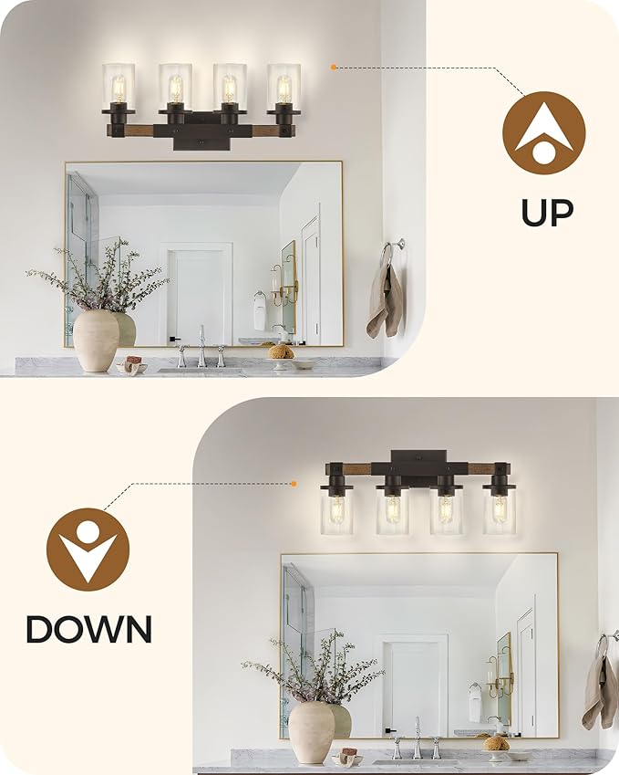 5-Light Bathroom Light Fixture, Farmhouse Vanity Lights for Bathroom with Glass Shade, Rustic Bathroom Light Fixtures, E26 Base F10BD05W1