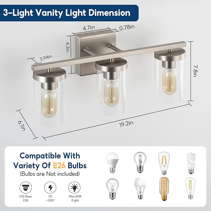 20in Bathroom Light Fixture Over Mirror, 3-Light Nickel Vanity Lights with Clear Glass Shades, Modern Wall Sconces for Living Room, Bedroom, Hallway, E26 Base