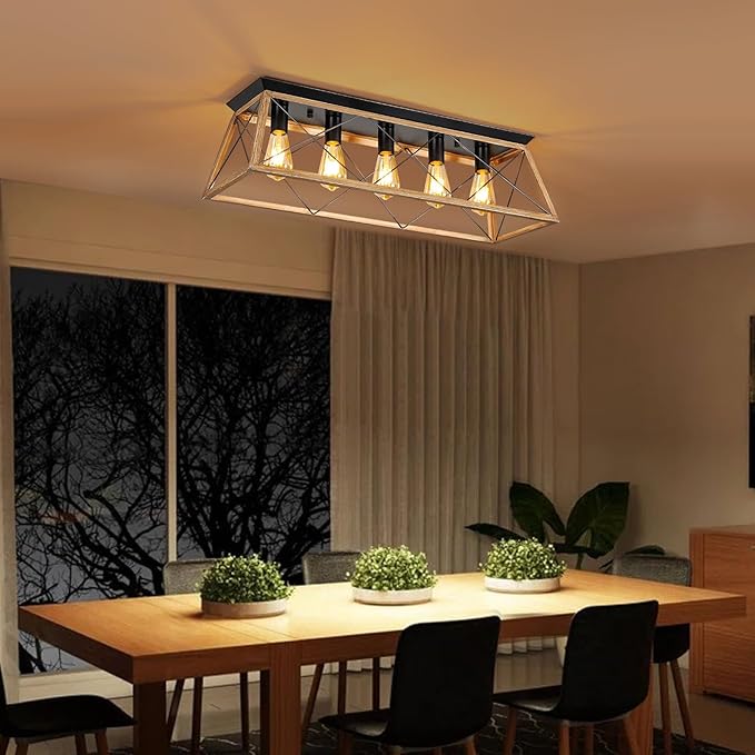 31.5" Flush Mount Ceiling Light Fixture, 5-Light Vintage Industrial Cage Chandelier for Dining Room, Kitchen Island, Living Room, Dimmable Semi Flush Mount Close to Ceiling Lighting, Walnut Finish