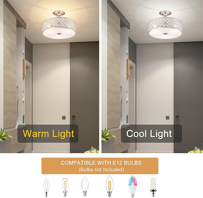 3-Light Brushed Nickel Semi Flush Mount Ceiling Light Fixture,Modern Drum Crystal Metal Acrylic Round Close to Ceiling Light