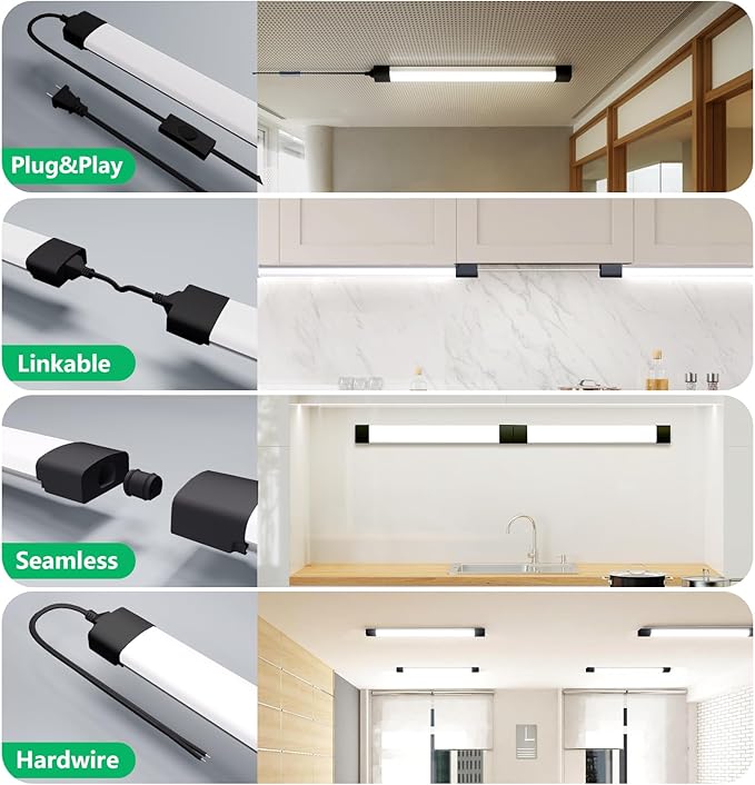 Plug in Light 4FT 5000K Linkable LED Tube Shop Closet Under-Cabinet Utility Lights, IP66 Waterproof, Overhead Ceiling Workbench Light, LED Light Bar for Room Office Garage Shop Bathroom