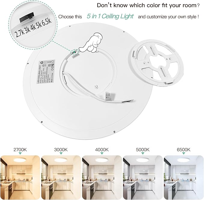 Brightever 15 Inch Large Flush Mount Ceiling Light Fixtures, 3800LM 3000W Equivalent, 2700K-6500K Selectable, 0.67 Inch Extremely Thin 30W Modern Dimmable Flat LED Ceiling Lights for Bedroom, 1 Pack