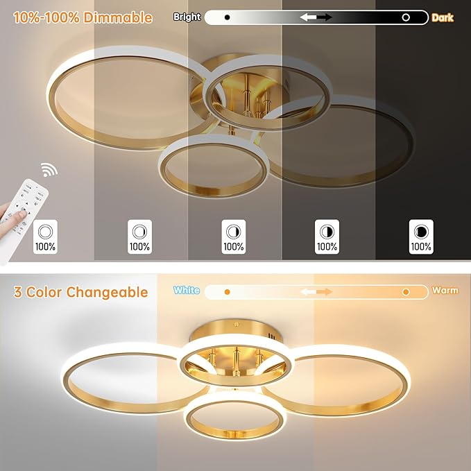 Dimmable Modern LED Ceiling Light, 4 Rings 3000K-6000K LED Gold Close to Ceiling Light, Flush Mount Ceiling Lights Fixture for Bedroom, Kitchen, Laundry Room,Office