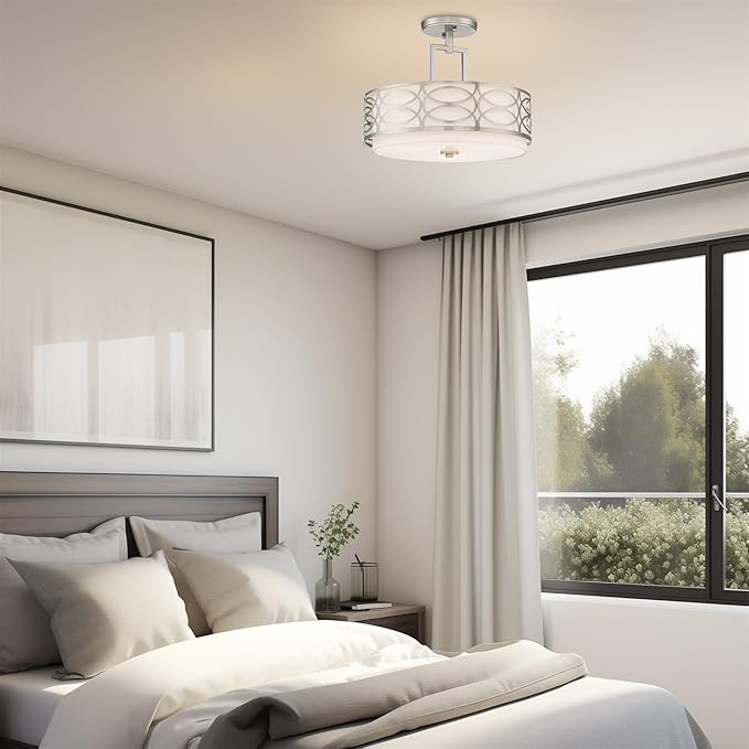 Kira Home Sienna 15" 3Modern Lattice Drum Semi-Flush Mount, 3-Light Silver Ceiling Light with White Linen Shade & Glass Diffuser, Brushed Nickel Finish