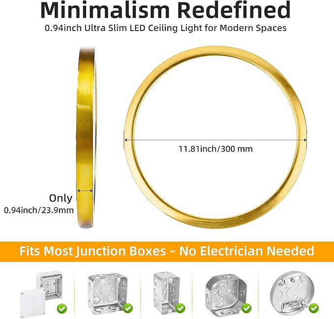 Hlite 6pack 12 inch Flush Mount LED Ceiling Light Fixture,24W 2400LM Super Slim Light Fixtures Ceiling Mount 3000K/4000K/5000K 3CCT Selectable,Light Fixtures for Kitchen,Bedroom (Gold)