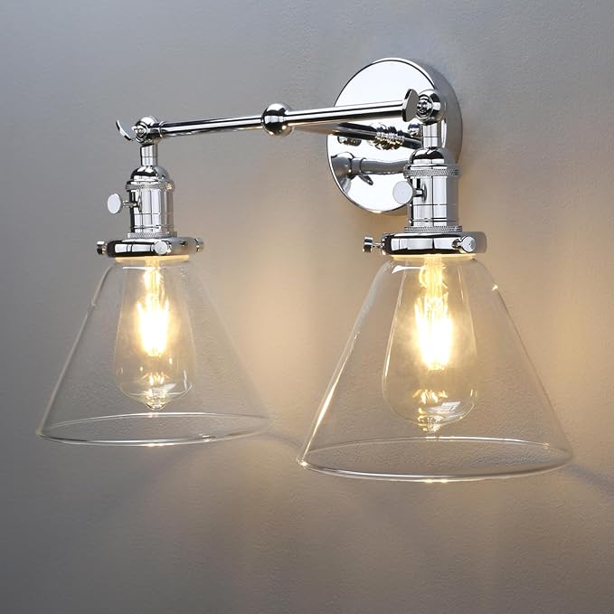 PERMO Double Sconce Chrome Industrial 2-Lights Wall Sconces with Funnel Flared Glass Clear Glass Shade Vanity Light for Bedroom (Chrome)
