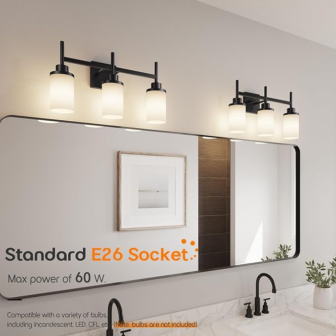 Bathrom Light Fixtures Matte Black 3 Lights Over Mirror, Wall Sconces Lighting with White Frosted Glass Shade for Toilet Washroom Bath T001MB-L3