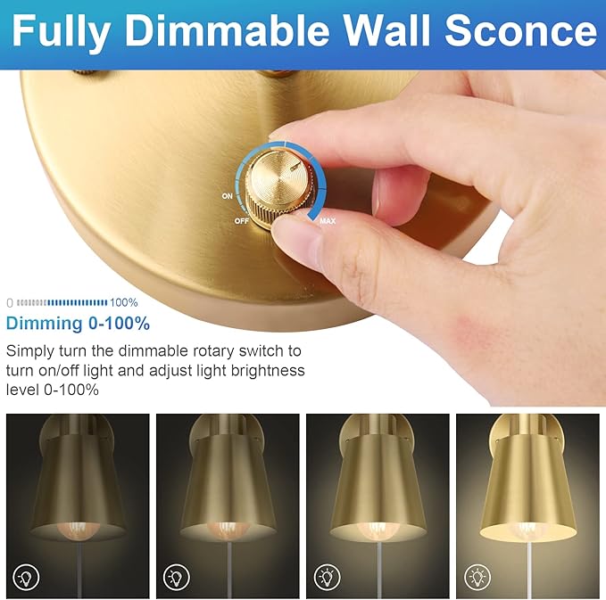 VATONI Dimmable Wall Sconce, Plug in Wall Sconce Adjustable Angle Wall Lights with Plug in Cord and Dimmer On/Off knob Switch, Gold Wall Mounted Light for Bedside Bedroom Doorway(1 Pack, 1 Bulb)