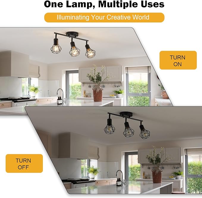 3-Lights Black Track Lighting Fixture Ceiling,Adjustable Semi Flush Mount Ceiling Light Fixture Multi-Directional Rotatable Kitchen Track Lighting Fixtures with Geometric Cages for Dining Room