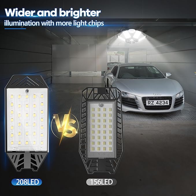 Garage Lighting 4 Pack - 200W 20000LM 6500K LED Garage Ceiling Lights with 6+1 Adjustable Panel Screw in E26/E27 Bulb Socket, Bright LED Shop Lights for Barn Workshop Warehouse Bay