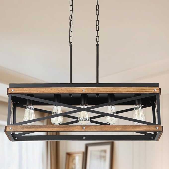 Rustic Farmhouse Plug in Kitchen Island Lighting, 5 Lights Rectangular Pendant Light Fixture with Adjustable Chain, Dimmable Switch, Oak Wood and Metal Linear Chandelier for Dining Room Home, Black