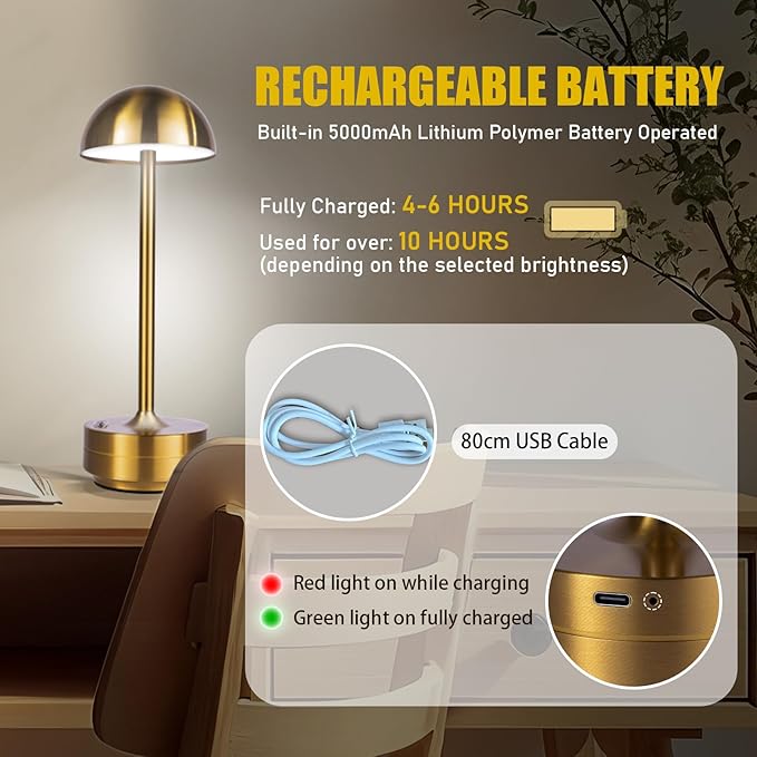 2 Pack Cordless Table Lamp Rechargeable - LED Table Lights Outdoor - 5000mAh Battery Operated Portable Touch Dimmable Lamps for Patio Restaurant Dining Room