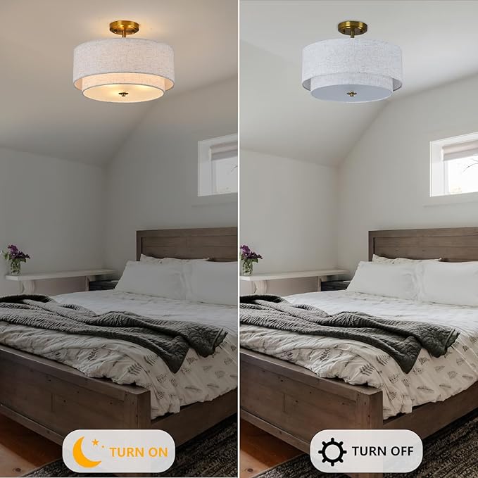 3-Light Semi Flush Mount Ceiling Light Fixture, 16" Gold Drum Light Fixture, Modern Close to Ceiling Light with 2-Laye Fabric Shade Lamps for Bedroom Living Dining Room Hallway Entryway Foyer