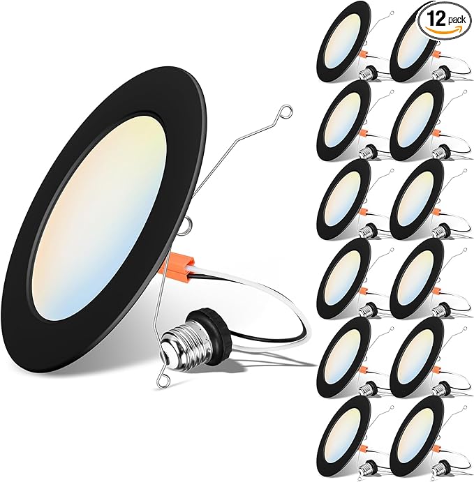 LVWIT 6 inch Black LED Recessed Lighting, Slim Can Lights, 9W=120W,1000LM, 5CCT Color Selectable, Dimmable Downlight with E26 Conversion Kit, 12Pack,IC Rated