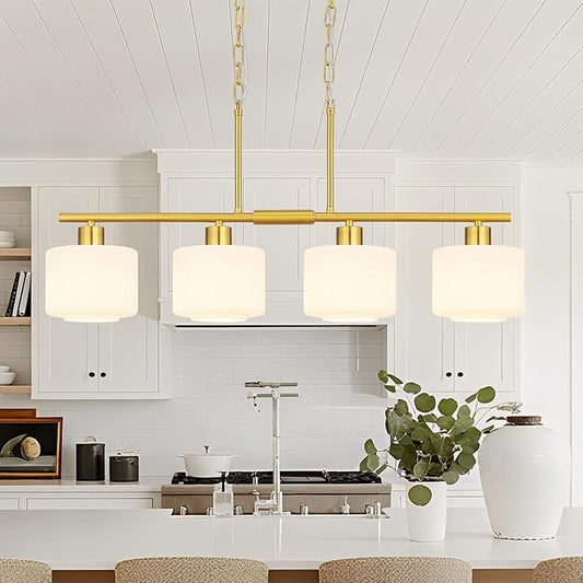 4-Light Brushed Gold Kitchen Island Lighting, Modern Linear Dining Room Chandelier Light Fixtures with Milk Glass and Chain, Mid Century Hanging Lights for Kitchen Island, OS-YQ8153-4ISBGW
