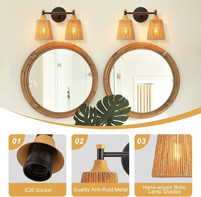2-Light Bathroom Vanity Light, Boho Bathroom Light Fixtures Over Mirror Rattan Vanity Lighting Fixtures with Hand-Woven Lampshade Rustic Style Wall Sconce for Bedroom Living Room