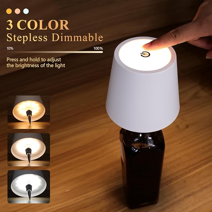 2 Pack Wine Bottle Lamps, 2025 New 3 Color Rechargeable Wireless Bottle Lamps, Bottle Lamp Kit for Liquor Bottles with Touch Dimming for Parties, Restaurants & Home Decor (White)