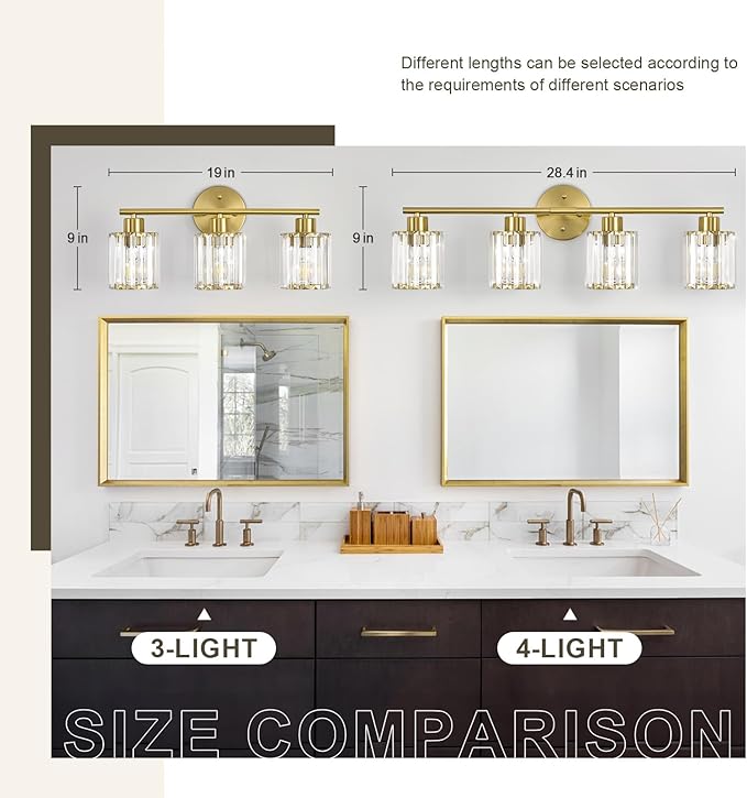 Crystal Bathroom Light Fixtures, Bathroom Lighting Fixtures Over Mirror, Modern 3-Light Gold Vanity Lights for Mirror, Restroom, Kitchen(Ceramic E26 Socket,Bulbs Not Include)