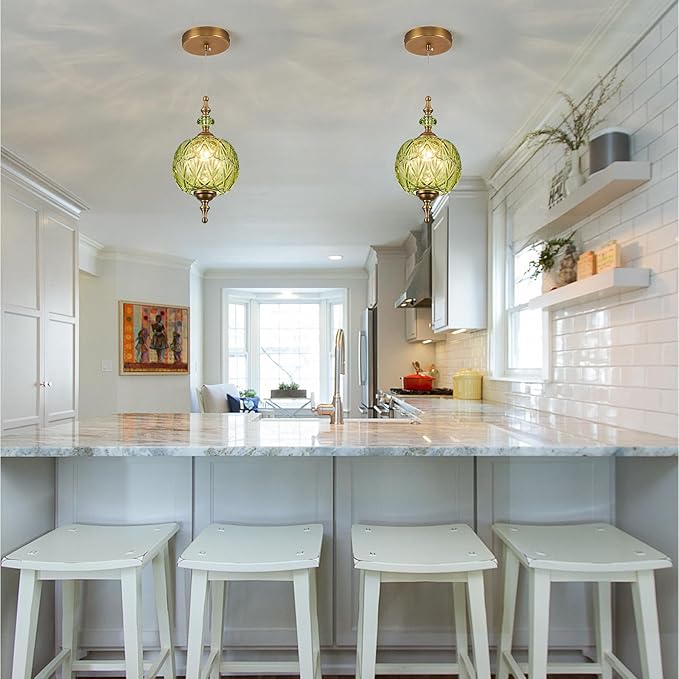 Antique Green Pendant Light Fixtures Vintage Kitchen Lighting Delicate Decorative Pattern 6.3 inches Glass Ceiling Pendant Lighting for Kitchen Island Dining Room with Original Vintage Design
