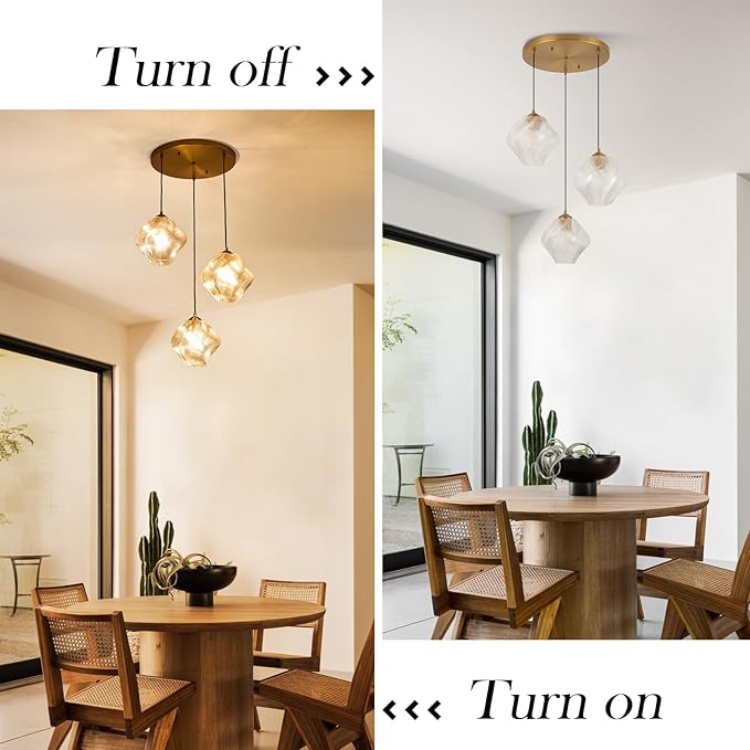3-Light Cluster Pendant Lights, Mid Century Modern Cluster Chandelier with Ribbed Glass, Brass Gold Pendant Lighting for High Ceiling, Kitchen Island, Staircase, Dining Room, Living Room